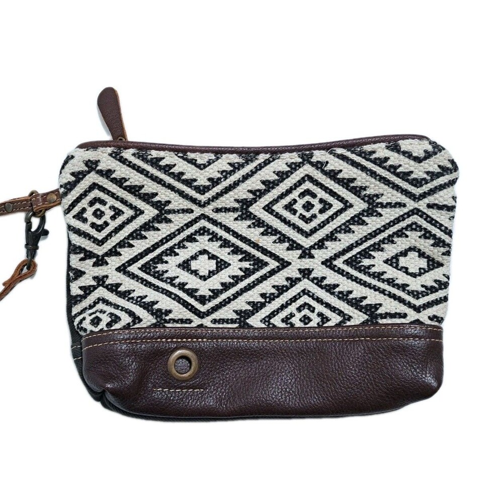 Myra Bag Clutch Wristlet Southwest Canvas Leather Pouch Bag Purse Brown Gray